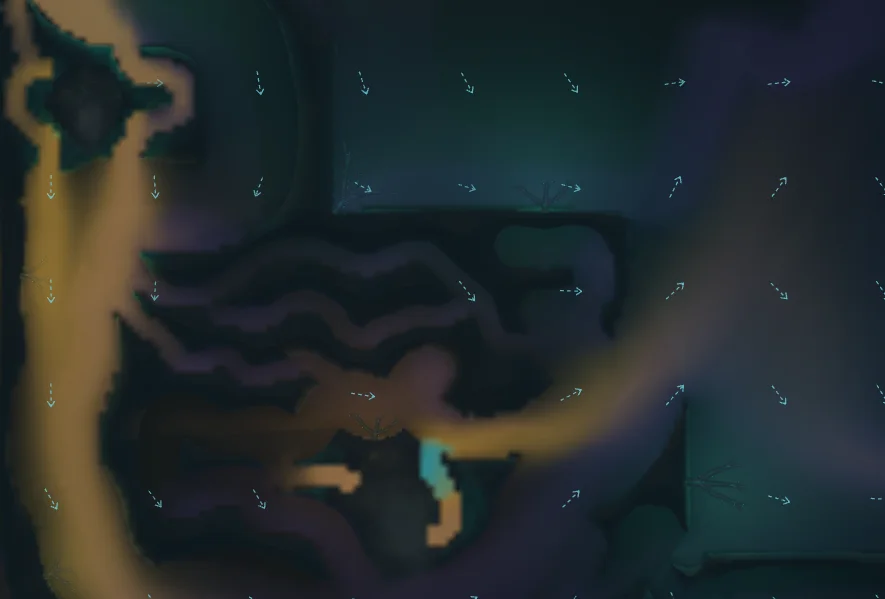 Current arrows crossing a dark authored habitat